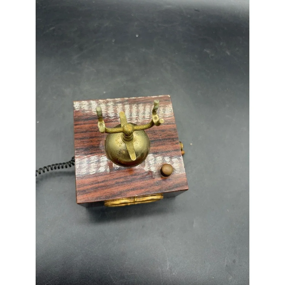 Vintage Miniature Telephone Music Box Antique Style Wood Brass Tone Decor